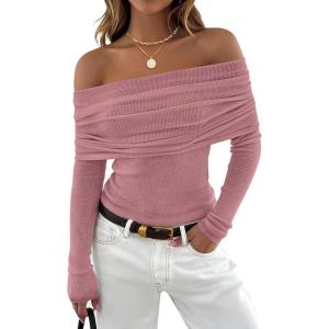 imageZESICA Long Sleeve Shirts for Women Off Shoulder Ribbed Knit Slim Fit Going Out Tops Outfits 2025 Trendy Fashion ClothesDarkpink