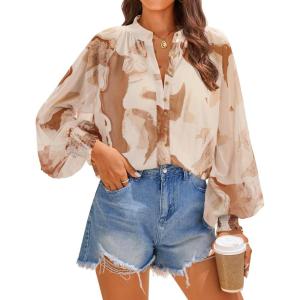 imageZESICA Womens Floral Print Blouse 2025 Long Sleeve Button Down Casual Fall Boho Oversized Tops ShirtsBrown