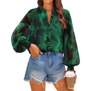 imageZESICA Womens Floral Print Blouse 2025 Long Sleeve Button Down Casual Fall Boho Oversized Tops ShirtsDark Green