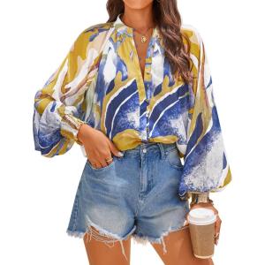imageZESICA Womens Floral Print Blouse 2025 Long Sleeve Button Down Casual Fall Boho Oversized Tops ShirtsTurquoise