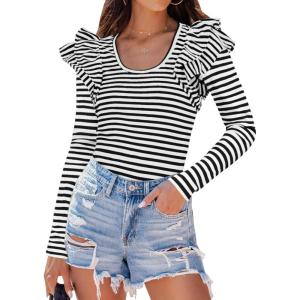 imageZESICA Womens Ruffle Long Sleeve Scoop Neck Shirt Striped Slim Fitted Casual Basic Tee Tops Trendy Spring ClothesBlack