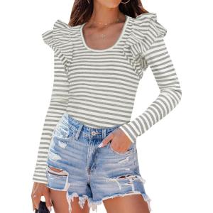 imageZESICA Womens Ruffle Long Sleeve Scoop Neck Shirt Striped Slim Fitted Casual Basic Tee Tops Trendy Spring ClothesGray