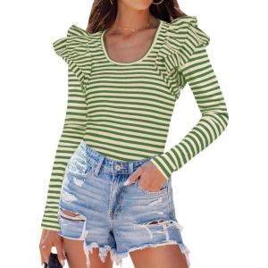 imageZESICA Womens Ruffle Long Sleeve Scoop Neck Shirt Striped Slim Fitted Casual Basic Tee Tops Trendy Spring ClothesGreen