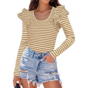 imageZESICA Womens Ruffle Long Sleeve Scoop Neck Shirt Striped Slim Fitted Casual Basic Tee Tops Trendy Spring ClothesKhaki