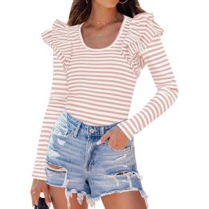 imageZESICA Womens Ruffle Long Sleeve Scoop Neck Shirt Striped Slim Fitted Casual Basic Tee Tops Trendy Spring ClothesPink