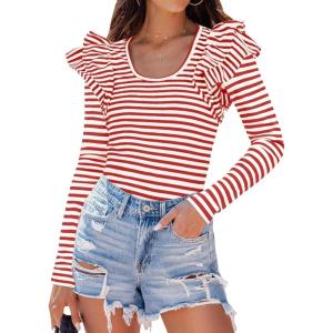imageZESICA Womens Ruffle Long Sleeve Scoop Neck Shirt Striped Slim Fitted Casual Basic Tee Tops Trendy Spring ClothesRed