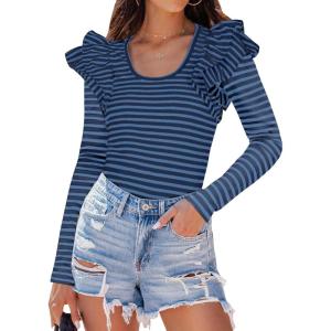 imageZESICA Womens Ruffle Long Sleeve Scoop Neck Shirt Striped Slim Fitted Casual Basic Tee Tops Trendy Spring ClothesStripeblue