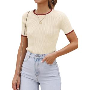 imageZESICA Womens Short Sleeve Sweater Tops 2025 Summer Crewneck T Shirt Ribbed Knit Slim Fit Basic Solid Color TeeApricot