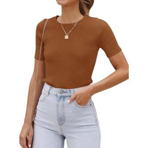 imageZESICA Womens Short Sleeve Sweater Tops 2025 Summer Crewneck T Shirt Ribbed Knit Slim Fit Basic Solid Color TeeBrown