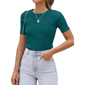 imageZESICA Womens Short Sleeve Sweater Tops 2025 Summer Crewneck T Shirt Ribbed Knit Slim Fit Basic Solid Color TeeTeal