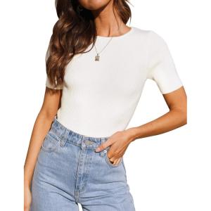 imageZESICA Womens Short Sleeve Sweater Tops 2025 Summer Crewneck T Shirt Ribbed Knit Slim Fit Basic Solid Color TeeWhite