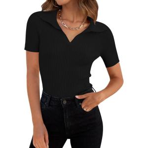 imageZESICA Womens Short Sleeve V Neck T Shirts 2025 Summer Ribbed Knit Slim Fitted Basic Solid Color Tee TopsBlack