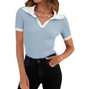 imageZESICA Womens Short Sleeve V Neck T Shirts 2025 Summer Ribbed Knit Slim Fitted Basic Solid Color Tee TopsBlue