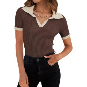 imageZESICA Womens Short Sleeve V Neck T Shirts 2025 Summer Ribbed Knit Slim Fitted Basic Solid Color Tee TopsCoffee
