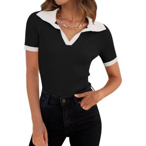 imageZESICA Womens Short Sleeve V Neck T Shirts 2025 Summer Ribbed Knit Slim Fitted Basic Solid Color Tee TopsDim