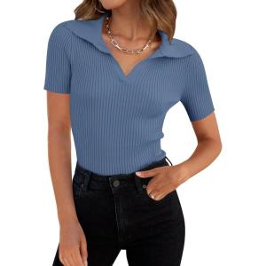 imageZESICA Womens Short Sleeve V Neck T Shirts 2025 Summer Ribbed Knit Slim Fitted Basic Solid Color Tee TopsDustyblue