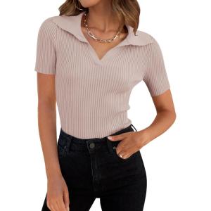 imageZESICA Womens Short Sleeve V Neck T Shirts 2025 Summer Ribbed Knit Slim Fitted Basic Solid Color Tee TopsDustypink