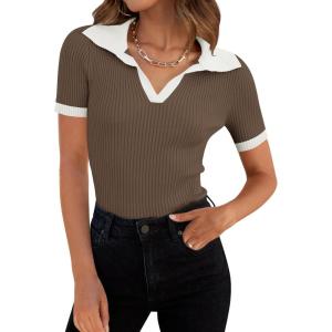 imageZESICA Womens Short Sleeve V Neck T Shirts 2025 Summer Ribbed Knit Slim Fitted Basic Solid Color Tee TopsMocha