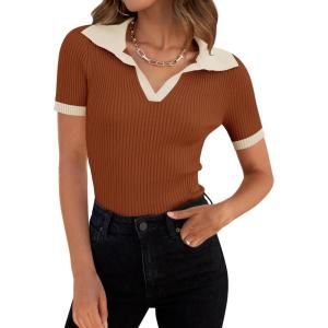 imageZESICA Womens Short Sleeve V Neck T Shirts 2025 Summer Ribbed Knit Slim Fitted Basic Solid Color Tee TopsRust