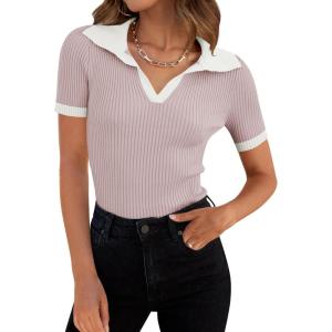 imageZESICA Womens Short Sleeve V Neck T Shirts 2025 Summer Ribbed Knit Slim Fitted Basic Solid Color Tee TopsTaro