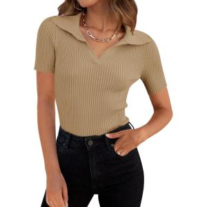 imageZESICA Womens Short Sleeve V Neck T Shirts 2025 Summer Ribbed Knit Slim Fitted Basic Solid Color Tee TopsToffee