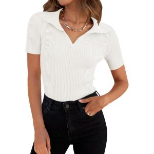 imageZESICA Womens Short Sleeve V Neck T Shirts 2025 Summer Ribbed Knit Slim Fitted Basic Solid Color Tee TopsWhite