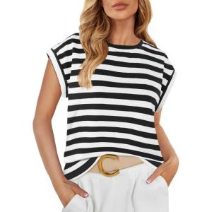 imageZESICA Womens Summer Cap Sleeve Crewneck Tops Casual Loose Striped TShirts Basic TeesBlack