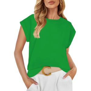 imageZESICA Womens Summer Cap Sleeve Crewneck Tops Casual Loose Striped TShirts Basic TeesBrightgreen