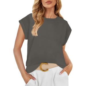 imageZESICA Womens Summer Cap Sleeve Crewneck Tops Casual Loose Striped TShirts Basic TeesDarkgrey