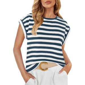 imageZESICA Womens Summer Cap Sleeve Crewneck Tops Casual Loose Striped TShirts Basic TeesDustyblue