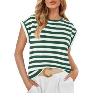 imageZESICA Womens Summer Cap Sleeve Crewneck Tops Casual Loose Striped TShirts Basic TeesGreen