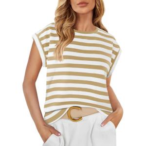 imageZESICA Womens Summer Cap Sleeve Crewneck Tops Casual Loose Striped TShirts Basic TeesToffee