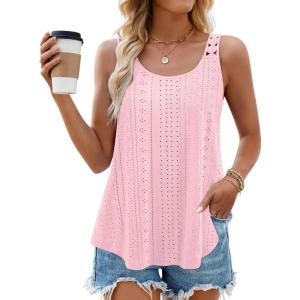 imageZESICA Womens Summer Eyelet Tank Tops Loose Trendy Scoop Neck Sleeveless Flowy Beach Vacation ShirtsPink