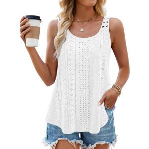 imageZESICA Womens Summer Eyelet Tank Tops Loose Trendy Scoop Neck Sleeveless Flowy Beach Vacation ShirtsWhite