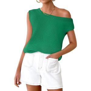 imageZESICA Womens Summer Off The Shoulder Knit Tops 2025 Casual Short Sleeve Oversized ShirtGreen