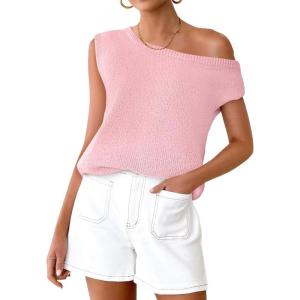 imageZESICA Womens Summer Off The Shoulder Knit Tops 2025 Casual Short Sleeve Oversized ShirtPink