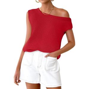imageZESICA Womens Summer Off The Shoulder Knit Tops 2025 Casual Short Sleeve Oversized ShirtRed