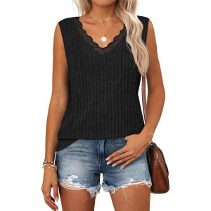 imageZESICA Womens Summer Tank Top Sleeveless V Neck Lace Loose Fit Basic Tops Shirts 2025 Fashion ClothesBlack