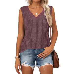 imageZESICA Womens Summer Tank Top Sleeveless V Neck Lace Loose Fit Basic Tops Shirts 2025 Fashion ClothesFuchsia