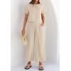 imageZESICA Womens 2 Piece Outfits Linen Short Sleeve Crop Top and Wide Leg Pants Lounge Matching Set Tracksuits Trendy ClothesApricot