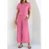 imageZESICA Womens 2 Piece Outfits Linen Short Sleeve Crop Top and Wide Leg Pants Lounge Matching Set Tracksuits Trendy ClothesHotpink