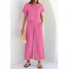 imageZESICA Womens 2 Piece Outfits Linen Short Sleeve Crop Top and Wide Leg Pants Lounge Matching Set Tracksuits Trendy ClothesHotpink