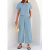 imageZESICA Womens 2 Piece Outfits Linen Short Sleeve Crop Top and Wide Leg Pants Lounge Matching Set Tracksuits Trendy ClothesSkyblue
