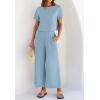 imageZESICA Womens 2 Piece Outfits Linen Short Sleeve Crop Top and Wide Leg Pants Lounge Matching Set Tracksuits Trendy ClothesSkyblue