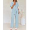 imageZESICA Womens 2025 Casual 2 Piece Outfits Short Sleeve Blazer Jacket and Wide Leg Pants Loose Business Suit SetsBlue