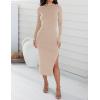 imageZESICA Womens 2025 Ribbed Knit Dress Long Sleeve Mock Neck Slim Fit Side Slit Spring Elegant Sweater DressesApricot