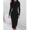 imageZESICA Womens 2025 Ribbed Knit Dress Long Sleeve Mock Neck Slim Fit Side Slit Spring Elegant Sweater DressesBlack