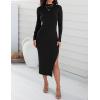 imageZESICA Womens 2025 Ribbed Knit Dress Long Sleeve Mock Neck Slim Fit Side Slit Spring Elegant Sweater DressesBlack