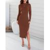 imageZESICA Womens 2025 Ribbed Knit Dress Long Sleeve Mock Neck Slim Fit Side Slit Spring Elegant Sweater DressesCoffee
