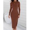 imageZESICA Womens 2025 Ribbed Knit Dress Long Sleeve Mock Neck Slim Fit Side Slit Spring Elegant Sweater DressesCoffee